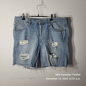 Jack & Jones 36 Light Blue Distressed Denim Shorts Raw Hem Button Fly